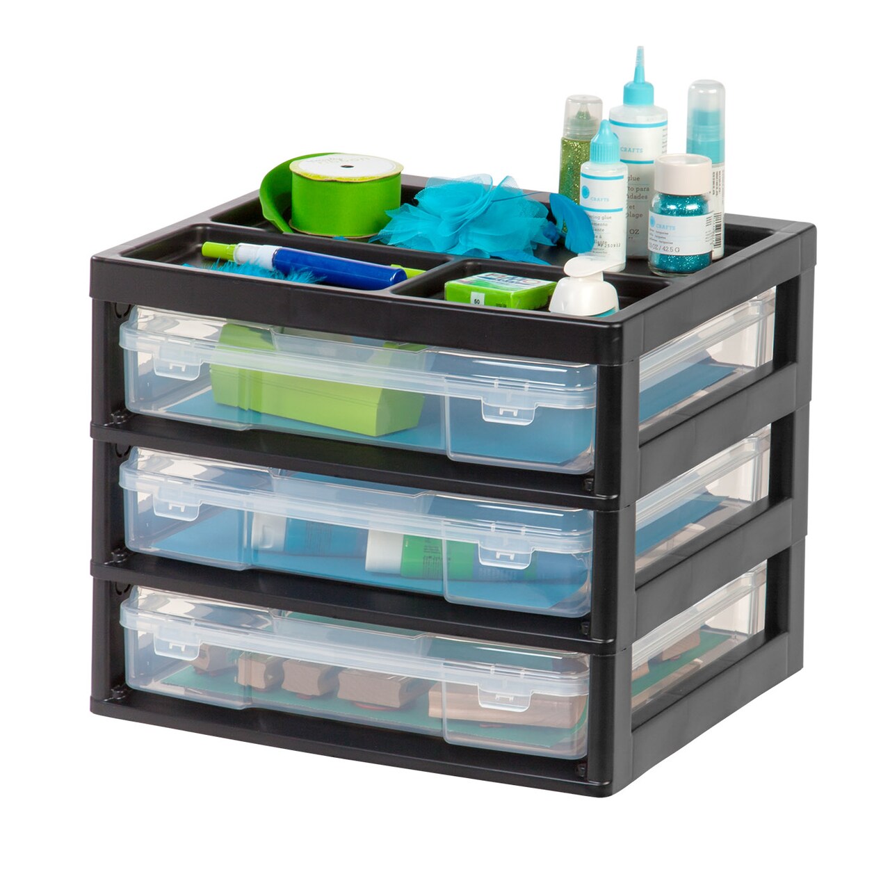 IRIS USA 12" x 12" 3 Drawers Scrapbook Plastic Storage Unit with Organizer Top, Black